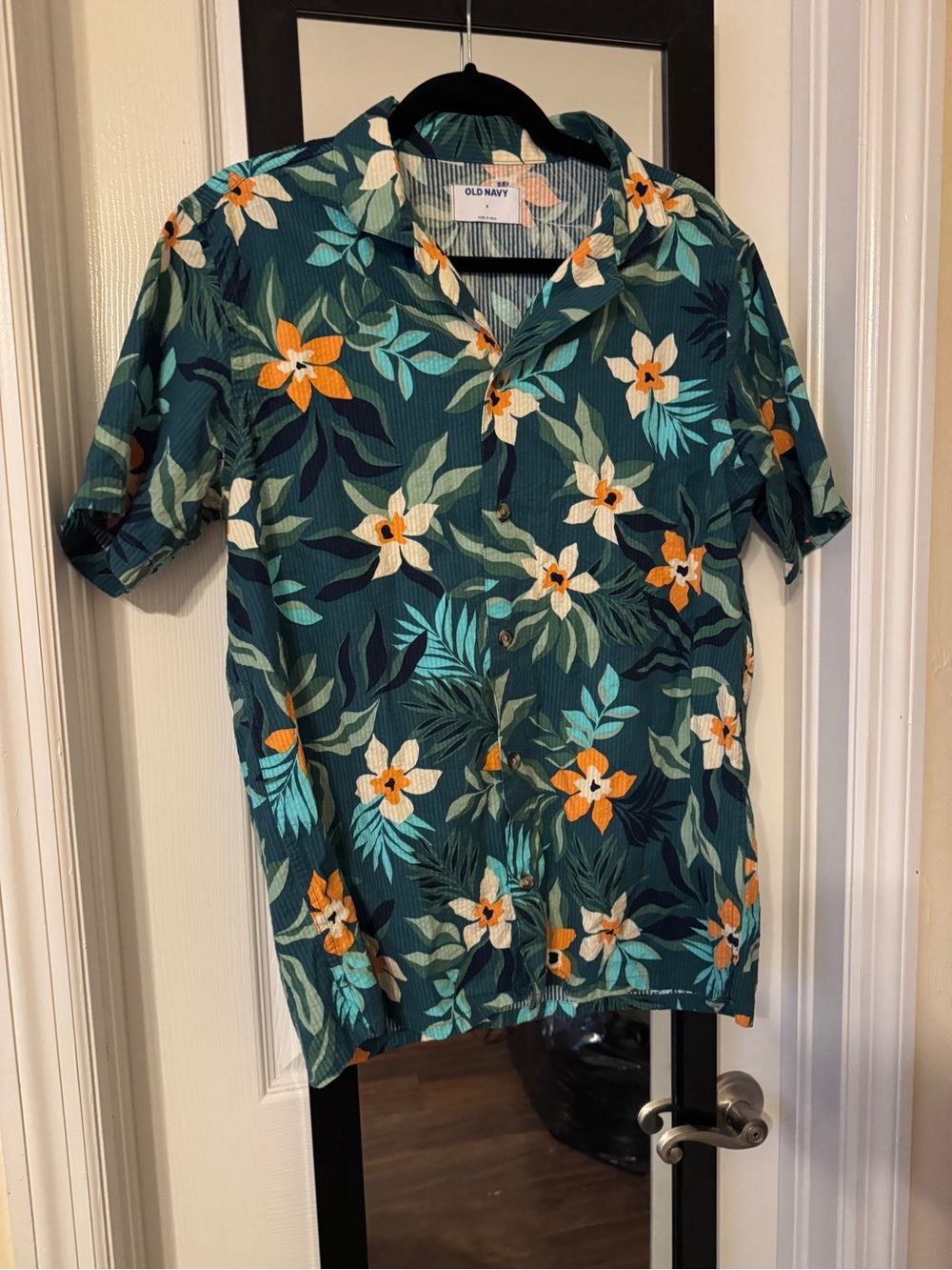 Old Navy Green Teal Floral Short-Sleeve Button-Down Shirt
